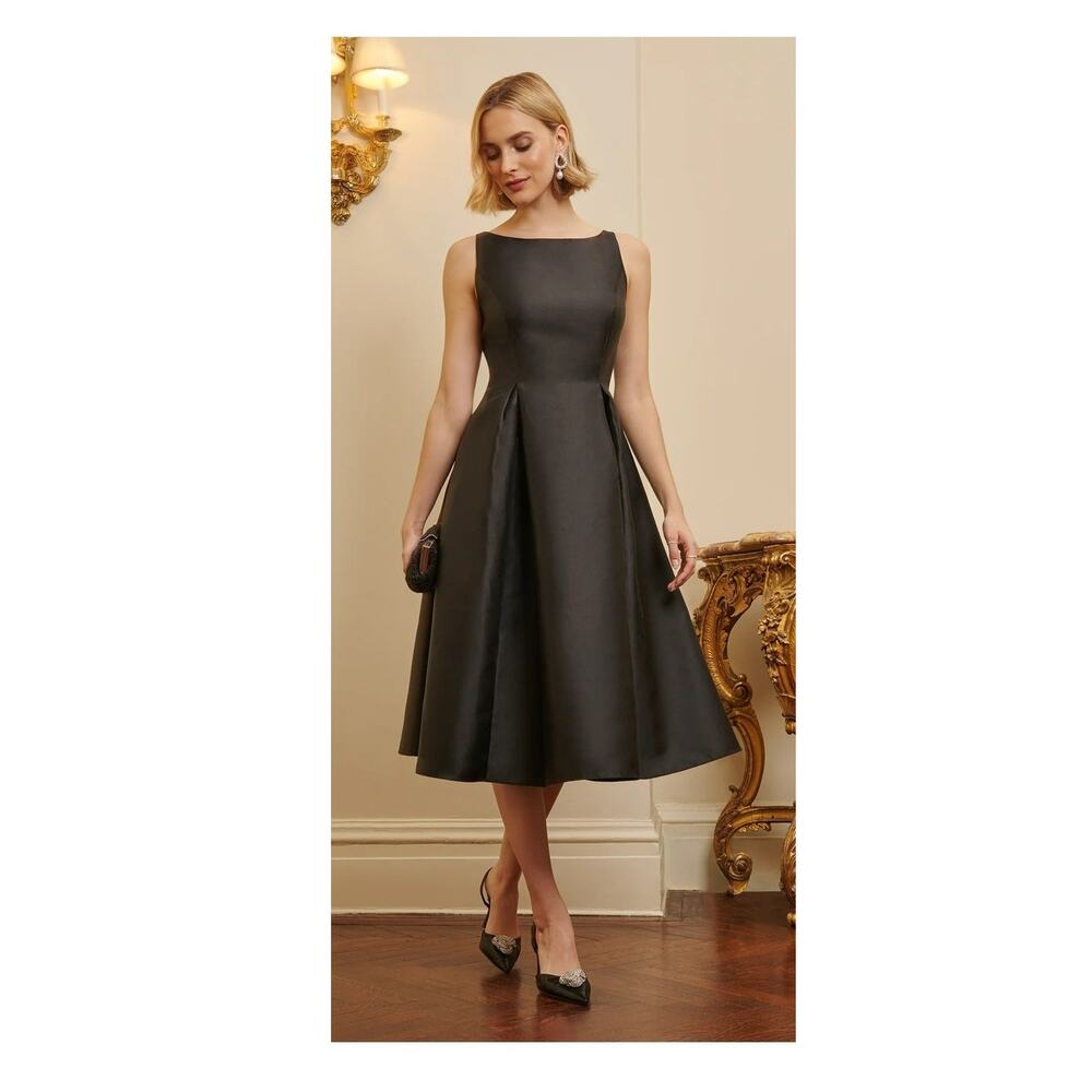 Adrianna Papell Dress SZ 14 NWT Tea Length Blk Sleeveless Fit Flare Formal Satin